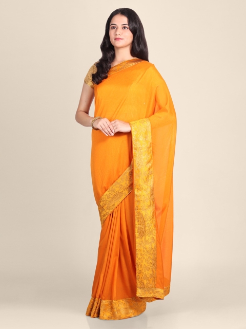 

CLAI WORLD Orange & Gold-Toned Silk Blend Solid Saree