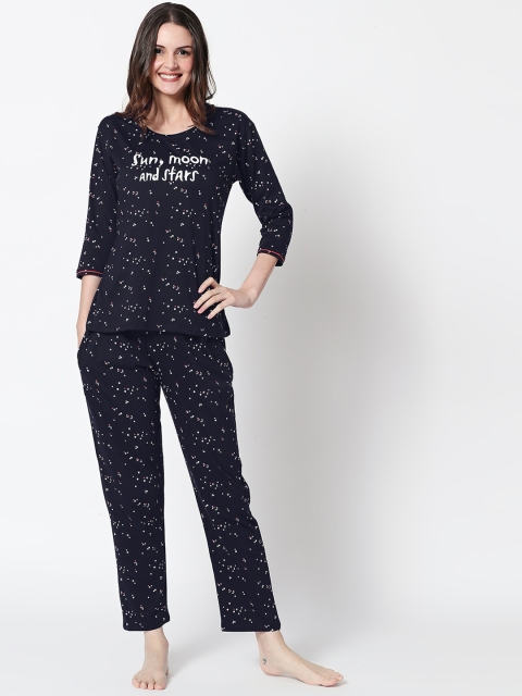 

Zeyo Women Navy Blue & White Printed Night suit