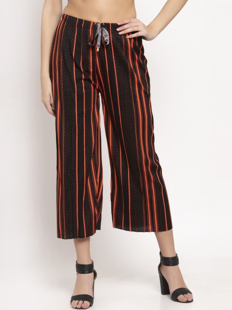 

KLOTTHE Women Black & Orange Striped Wide-Leg Palazzo