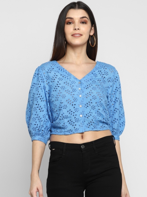 

Aditi Wasan Women Blue Self Design Pure Linen Crop Schiffli Top