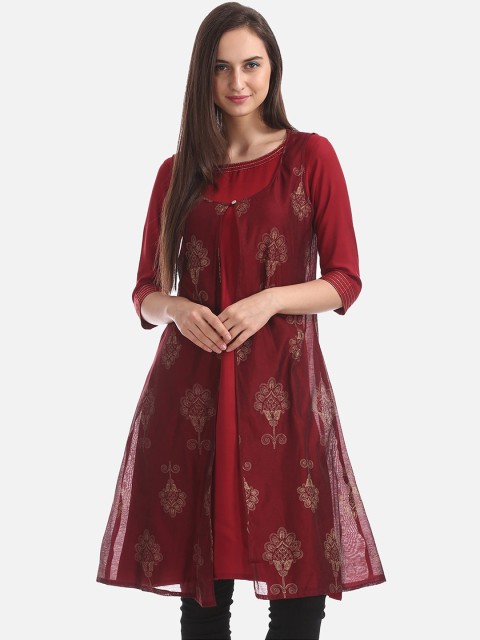 

Karigari Women Maroon Solid A-Line Kurta With Jacket