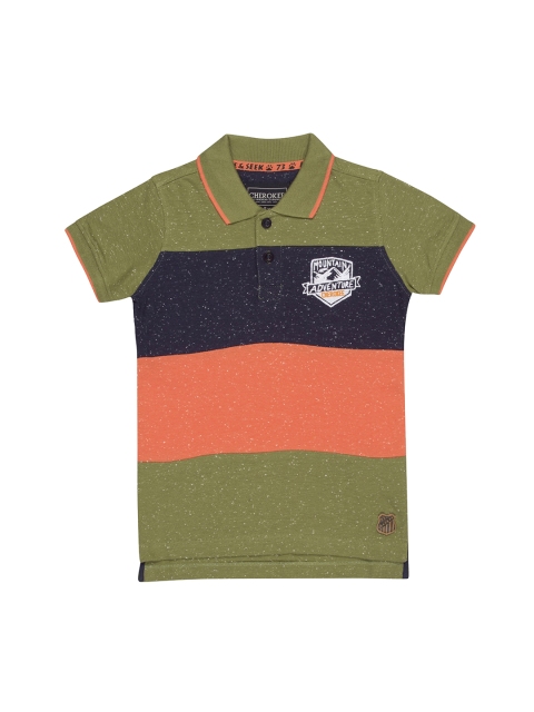 

Cherokee Boys Olive Green & Navy Blue Colourblocked Polo Collar T-shirt