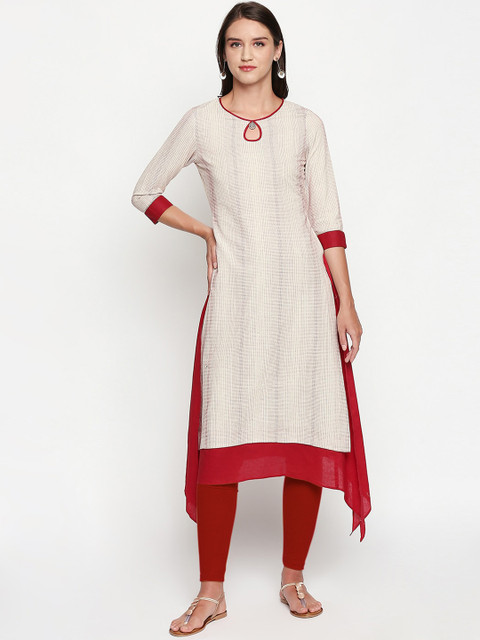 

Lobaanya Women White & Red Striped A-Line Kurta