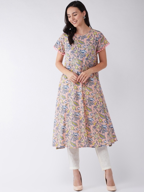 

InWeave Women Peach-Coloured & White Printed Kurta with Trousers