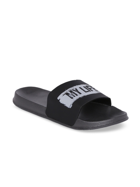 

Bewakoof Men Black & Grey Solid Sliders