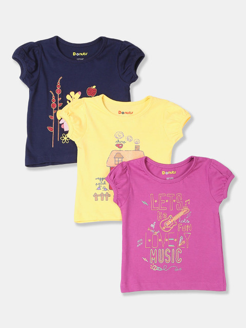 

Donuts Girls Assorted Pack Of 3 Printed Round Neck Pure Cotton T-shirt