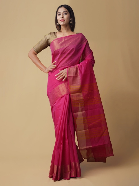 

Unnati Silks Pink Solid Handloom Pure Cotton Saree
