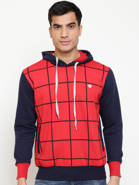 

GHPC Men Navy Blue & Red Checked Hooded Sweatshirt