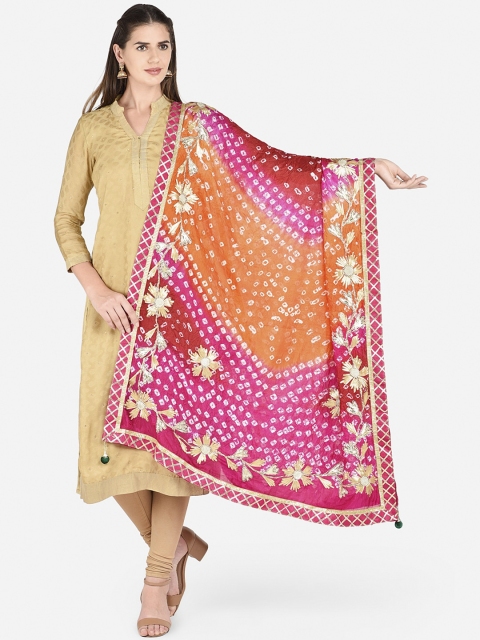 

Dupatta Bazaar Women Pink & Orange Dyed Bandhini Gotta Patti Silk Dupatta