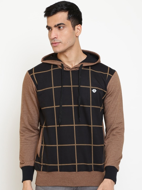 

GHPC Men Brown & Black Checked Hooded Sweatshirt