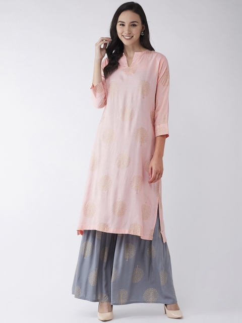 

InWeave Women Peach-Coloured & Grey Printed Kurta with Sharara
