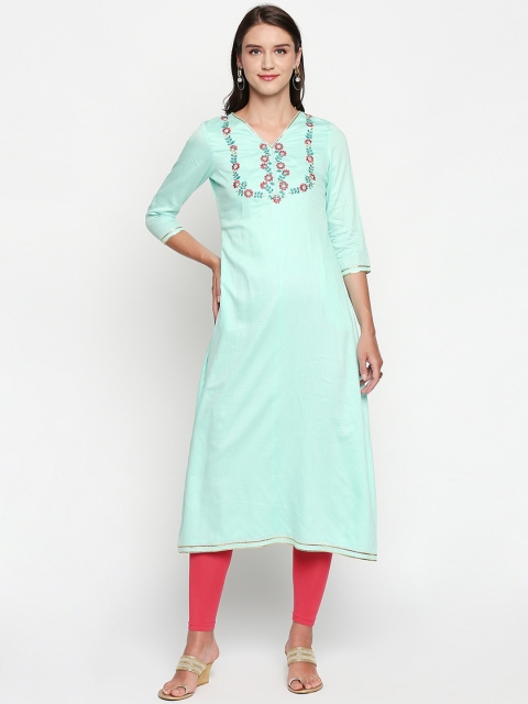 

Lobaanya Women Sea Green Yoke Design Straight Kurta