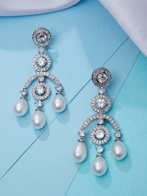 

Luxury By ZeroKaata Silver-Toned & White Classic Drop Earrings
