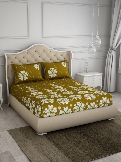 

SPACES Olive Green & White Floral Printed 144 TC Double Queen Bedsheet With 2 Pillow Covers