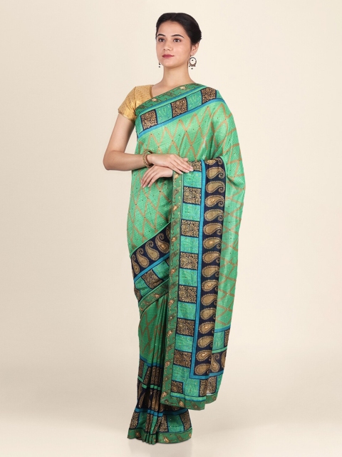 

CLAI WORLD Green & Navy Blue Poly Georgette Printed Saree