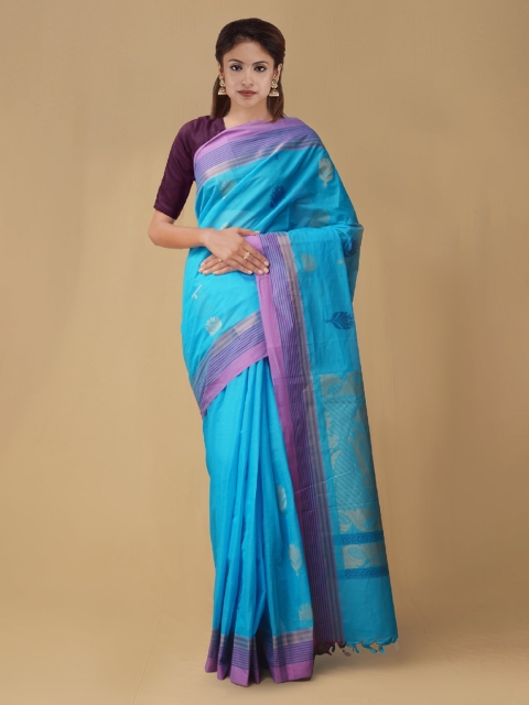

Unnati Silks Turquoise Blue & Purple Pure Cotton Woven Design Uppada Saree