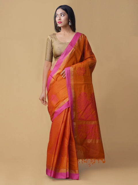 

Unnati Silks Orange Pure Cotton Woven Design Uppada Saree