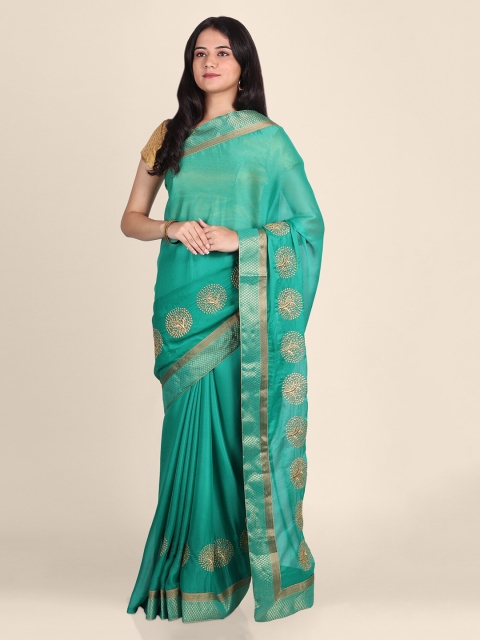 

CLAI WORLD Teal & Gold-Toned Silk Blend Solid Saree