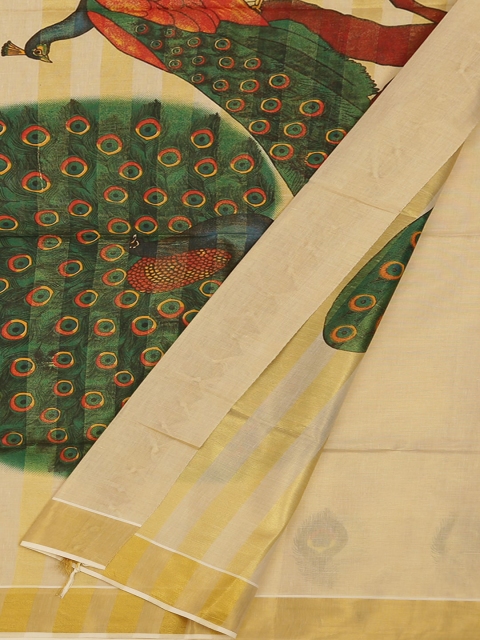 Pothys Cream & Green Pure Cotton Printed Saree