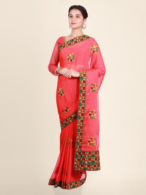 CLAI WORLD Pink & Red Poly Georgette Embroidered Handloom Saree