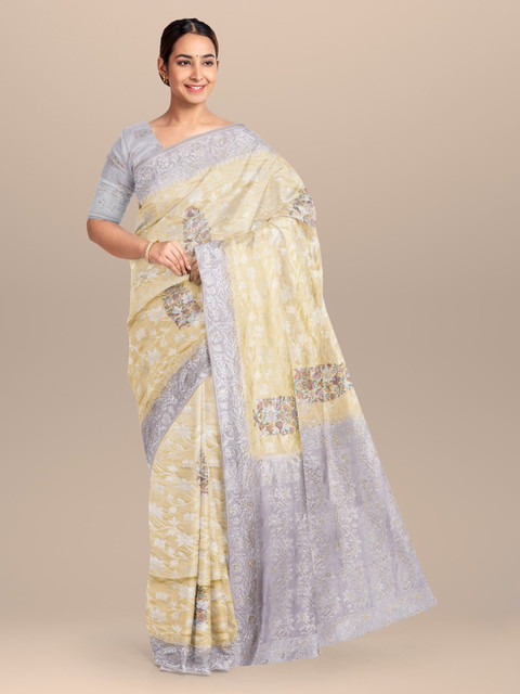 

KLM Fashion Mall Cream & Silver-Toned Silk Blend Woven Design Saree