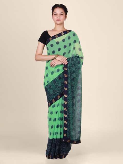 

CLAI WORLD Green & Navy Blue Poly Georgette Woven Design Saree