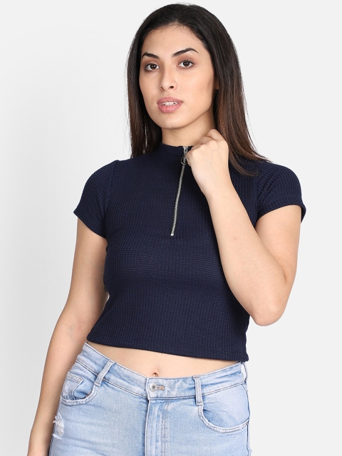 

Yaadleen Women Navy Blue Solid Crop Fitted Top