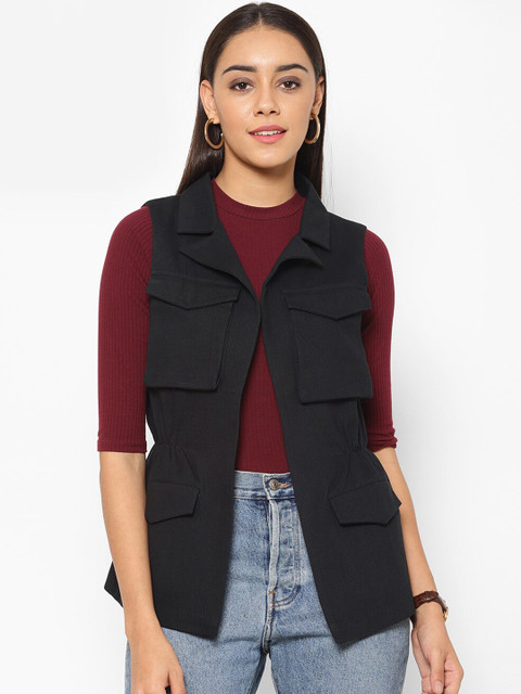 

HOUSE OF KKARMA Women Black Solid Open Front Jacket