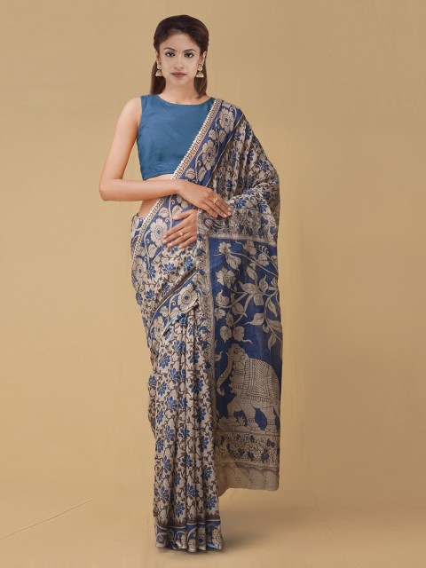 

Unnati Silks Cream-Coloured & Blue Pure Cotton Printed Kota Saree