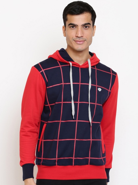

GHPC Men Red & Navy Blue Checked Hooded Sweatshirt