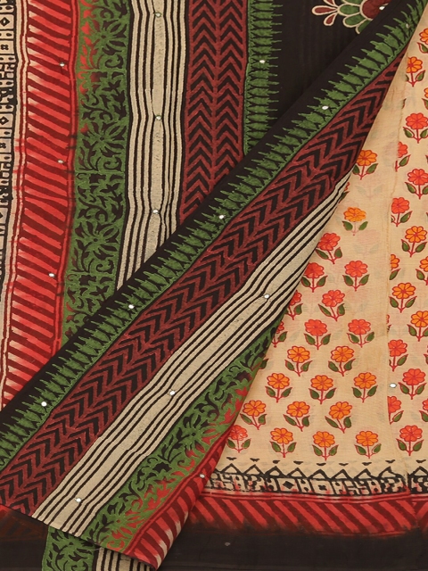 

Pothys Cream-Coloured & Orange Pure Cotton Floral Printed Saree