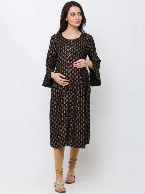 

MomToBe Women Black & Gold-Toned Woven Design Maternity & Feeding Straight Kurta