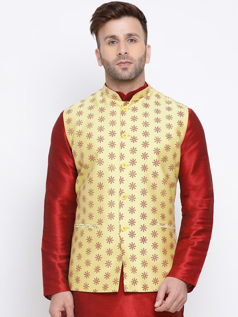 

NAMASKAR Men Yellow & Red Printed Woven Nehru Jacket