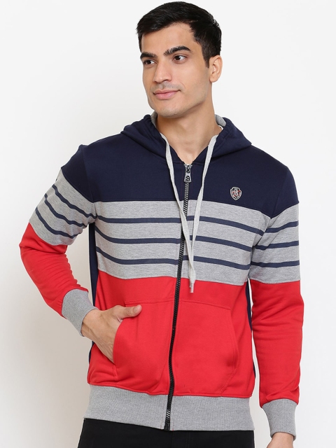 

GHPC Men Navy Blue & Grey Colourblocked Hooded Sweatshirt