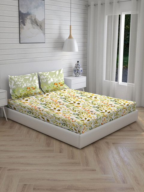 

Boutique Living India Green & White Floral 200 TC Cotton 1 King Bedsheet with 2 Pillow Covers