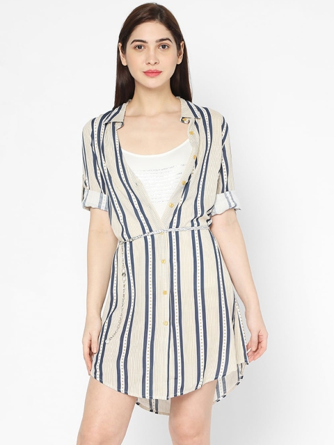 

Deal Jeans Women Beige & Blue Regular Fit Striped Casual Shirt