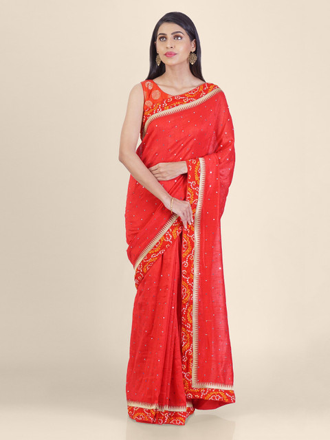 

Hastakala Red Silk Blend Embellished Bandhani Saree