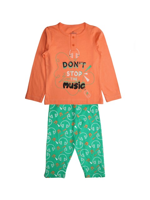 

KiddoPanti Girls Peach-Coloured & Green Printed Nightsuit