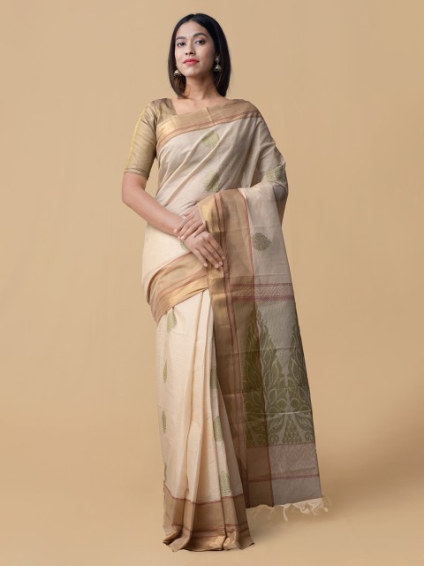 

Unnati Silks Cream-Coloured Pure Cotton Striped Handloom Uppada Saree