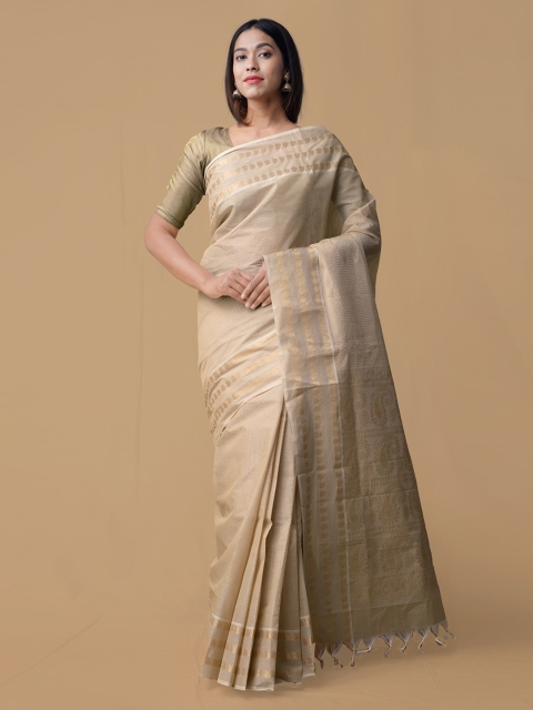

Unnati Silks Cream-Coloured Solid Pure Cotton Handloom Saree