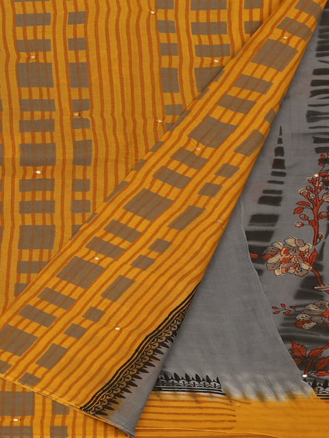 

Pothys Grey & Yellow Pure Cotton Printed Saree