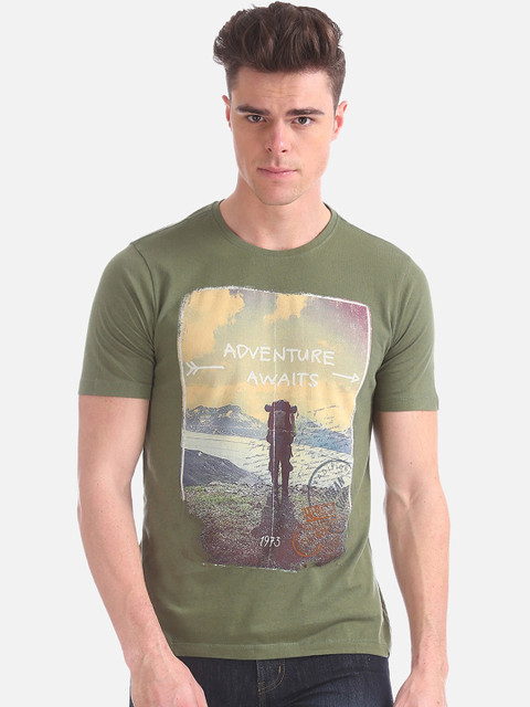 

Cherokee Men Olive Green Printed Round Neck T-shirt