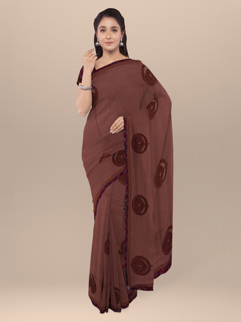 

KLM Fashion Mall Brown Embellished Poly Georgette Saree
