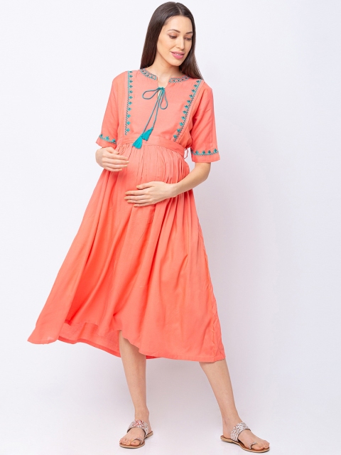 MomToBe Women Peach-Coloured Embroidered Maternity & Feeding Fit and Flare Dress