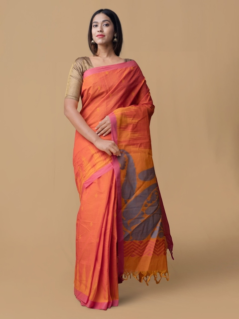 

Unnati Silks Orange & Pink Pure Cotton Solid Uppada Saree