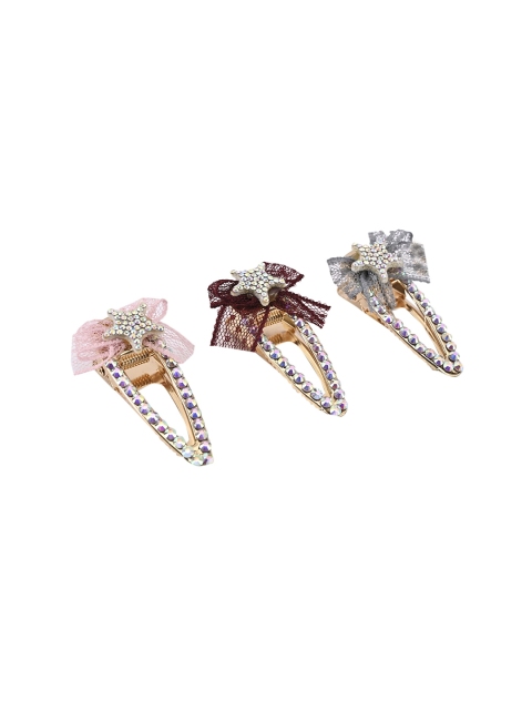 

BuckleUp Women Set of 3 Embellished Tic-Tac Hair Clips, Pink
