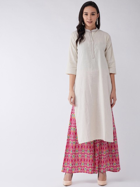 

InWeave Women Off-White & Pink Solid Kurta with Palazzos