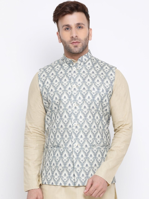 

NAMASKAR Men White Printed Cotton Linen Nehru Jacket