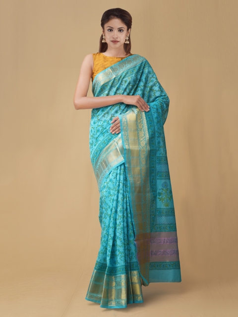 Unnati Silks Turquoise Blue & Green Silk Cotton Printed Saree