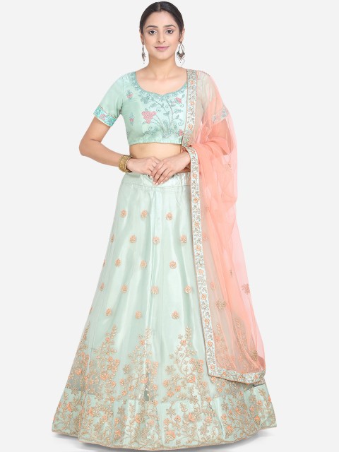 

Mitera Women Green & Pink Embroidered Semi-Stitched Lehenga & Unstitched Blouse with Dupatta